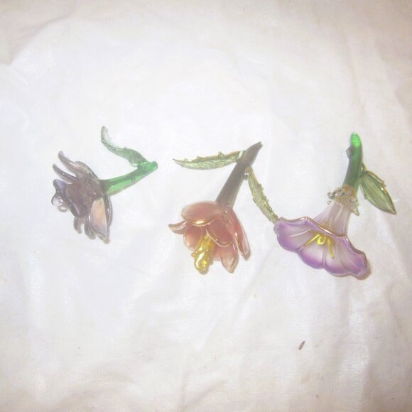 VTG SET OF 3 GLASS ART FLOWERS, HAND BLOWN AND SHAPED, LOTS OF DETAIL & COLOR - Picture 4 of 4